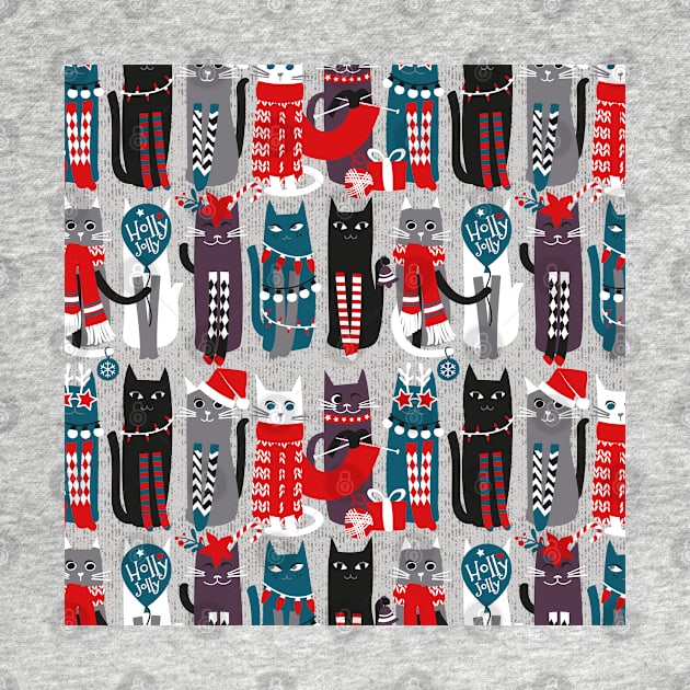 Feline Christmas vibes // pattern // grey background grey green white purple beet and black kittens by SelmaCardoso